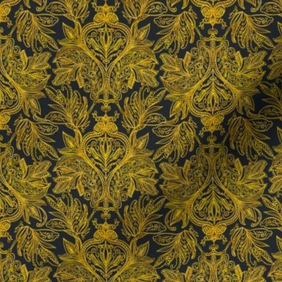 Perfect harmony vintage handdrawn golden ombre damask on deep blue black  6”  repeat