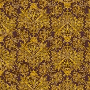 Perfect harmony vintage handdrawn golden ombre damask on deep magenta 6”  repeat