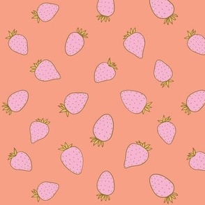 vintage wild strawberries, pink on red | playful hand drawn trendy strawberry illustration print