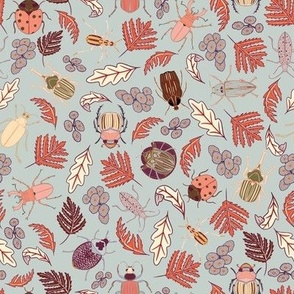 Beetle Forage // Medium Red and Blue with Black Outlined beetles, leaves, flowers, bugs, ladybug