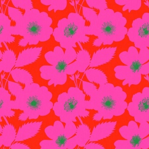 Prairie Rose Flowers Hot Pink And Forest Green On Red Vintage Wallpaper Style Cottagecore Indie Aesthetic Modern Retro Grandmillennial Tonal Bold Saturated Bright Floral Pattern