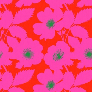Prairie Rose Flowers Big Hot Pink And Forest Green On Red Vintage Wallpaper Style Cottagecore Indie Aesthetic Modern Retro Grandmillennial Tonal Bold Saturated Bright Floral Pattern