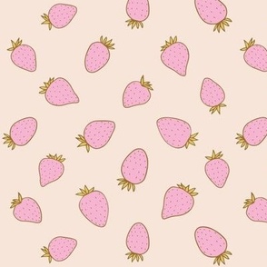 vintage wild strawberries, pink on cream 7x7 | playful hand drawn trendy strawberry illustration print
