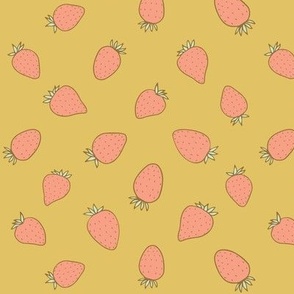 vintage wild strawberries, red on olive green | playful hand drawn trendy strawberry illustration print