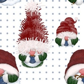 Gnomies with hot cocoa on blue polkadots