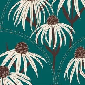 Autumnal Wild Flowers with Slender Leaves and Stitched Arches- Dark Teal -Large Scale