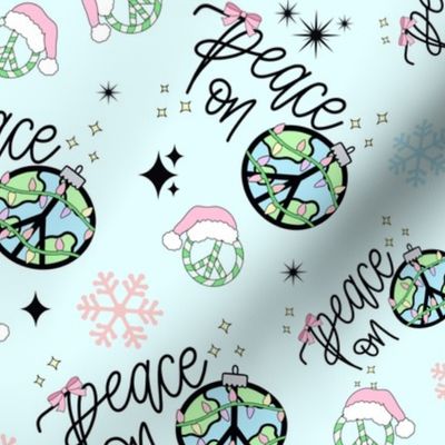 Hand Lettered Peace on Earth with Ornaments and Snowflakes-Pastel Blue, Christmas Fabric