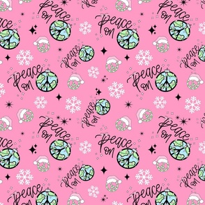 Hand Lettered Peace on Earth with Ornaments and Snowflakes-Bubble Gum Pink, Christmas Fabric