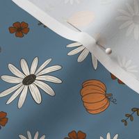 Fall Pumpkins and Daisies on Country Blue, Pumpkins, Fall Floral, Fall Fabric, Thanksgiving, Fall Décor