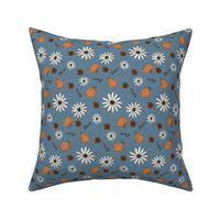 Fall Pumpkins and Daisies on Country Blue, Pumpkins, Fall Floral, Fall Fabric, Thanksgiving, Fall Décor