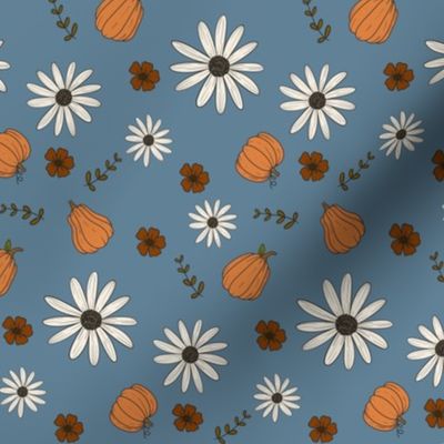 Fall Pumpkins and Daisies on Country Blue, Pumpkins, Fall Floral, Fall Fabric, Thanksgiving, Fall Décor