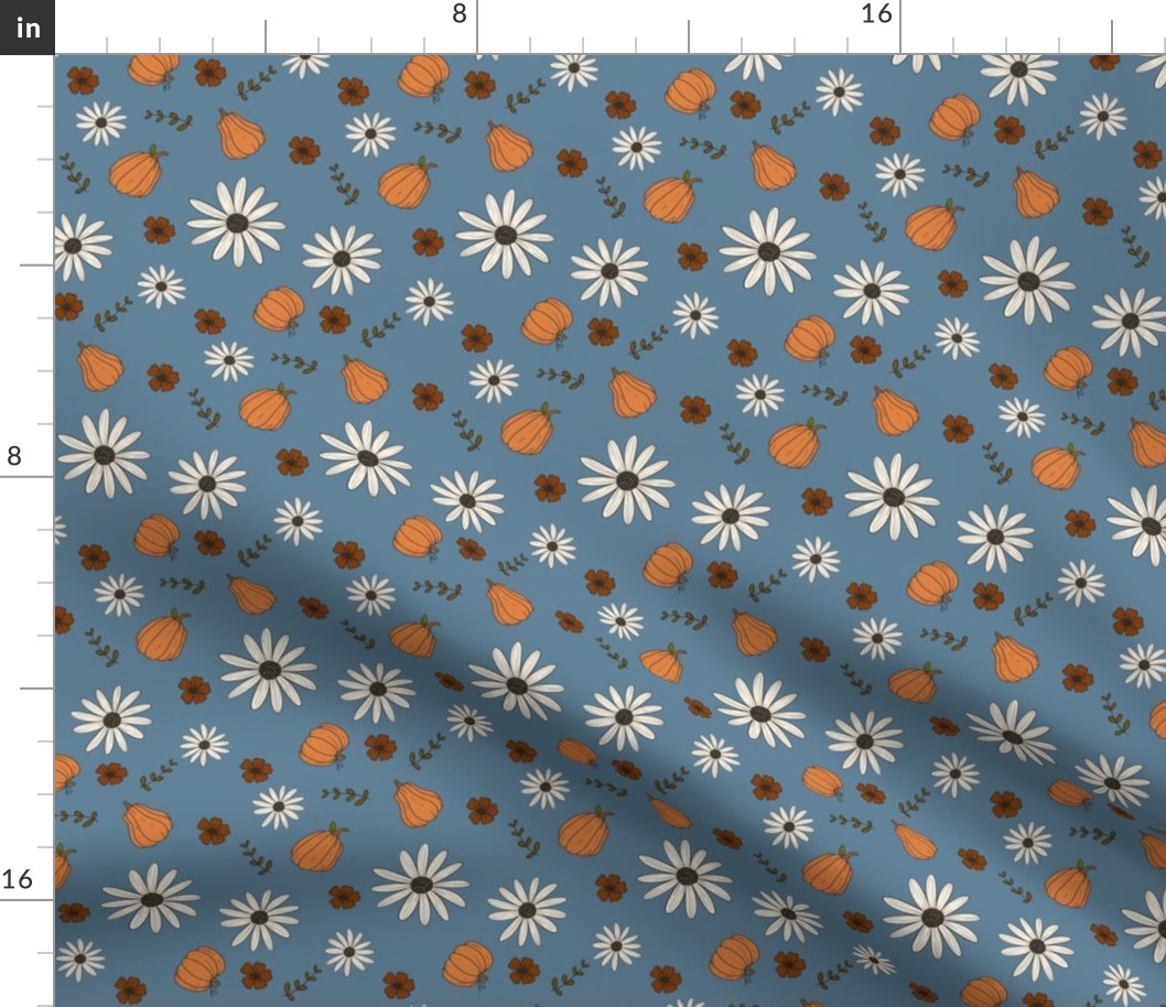 Fall Pumpkins and Daisies on Country Blue, Pumpkins, Fall Floral, Fall Fabric, Thanksgiving, Fall Décor