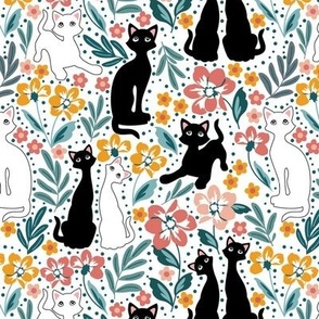 Black and white cats with flowers and plants Pink yellow green