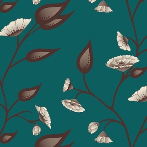 Artistic Trailing Floral Botanical in Teal and Molasses Brown
