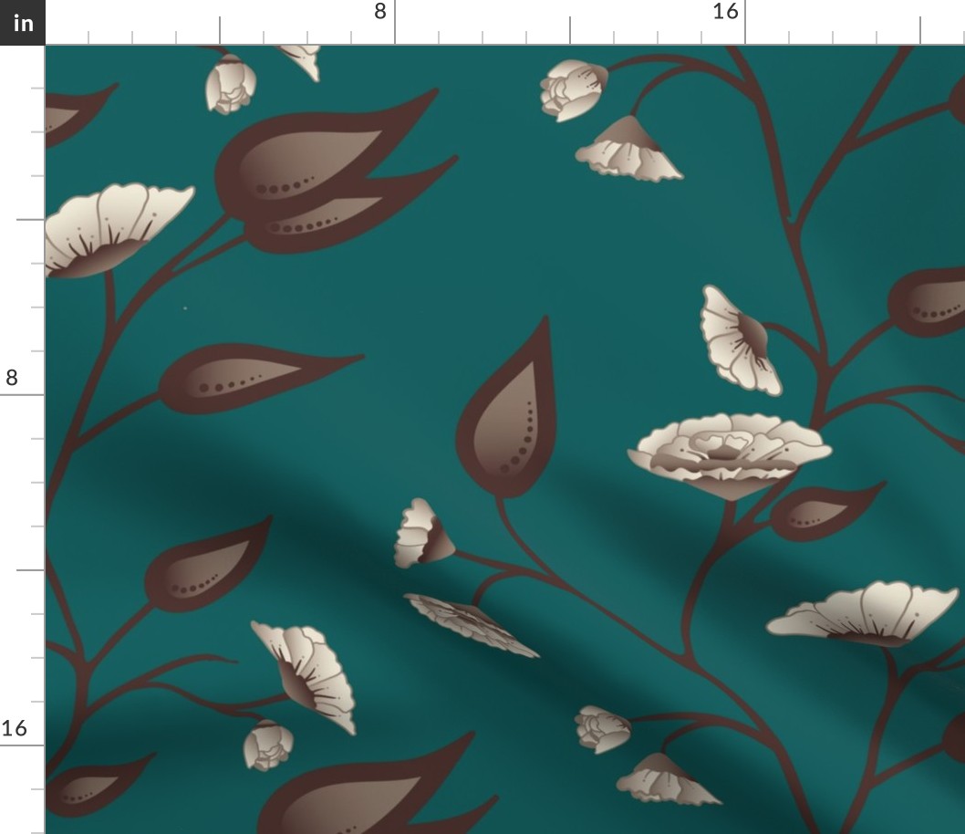 Artistic Trailing Floral Botanical in Teal and Molasses Brown