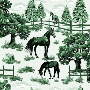 Dark Green Toile De Jouy Horses Ponies Grazing, Pine Tree Forest Woodland Scene,  (Medium Scale)