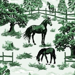 Horse Pony Grazing Toile De Jouy, Green Pine Tree Forest Woodland Scene, Vibrant Monochrome (Small Scale)