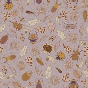 Beetle Forage // Small Dusty Lilac and Golden Yellow beetles with flowers and leaves for kids room, school room, beetle backpack