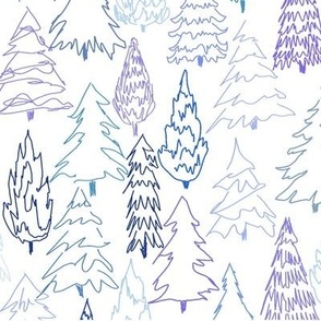 Blue Scribble Trees - White