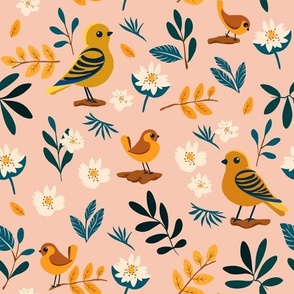 Funny Little Birds | peach pink yellow and green