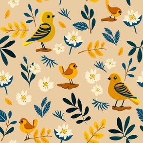 Funny Little Birds | beige yellow and blue green