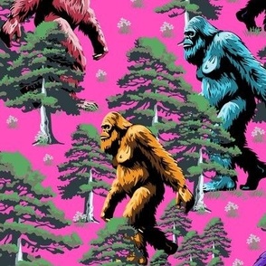 Sasquatch Forest, Mythical Bigfoot in Pine Tree  Forest, Cryptid Yeti Monster on Hot Pink, Sasquatch Hideaway Hikes, Yeti Tales of Exploration, Kids' Sasquatch Discovery Trail, Bigfoot Nature Quest Adventures, Sasquatch Safari Seekers, Little Big Kids Yet