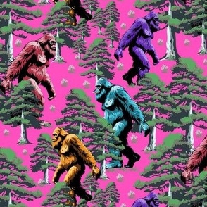 Funny Bigfoot Sasquatch Monster, Mythical Creature in Pine Tree  Forest, Yeti Monster in Colorful Hot Pink, Sasquatch Seek and Find, Kids' Bigfoot Trail Adventures, Yeti Outdoor Expeditions, Sasquatch Nature Explorers, Small Young Adventurers with Bigfoot