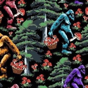 Funny Sasquatch Monster in Dark Pine Tree  Forest, Mushroom and Fungi Collecting, Scary Big Foot Mythical Cryptid, Yeti Monster, Kids' Sasquatch Safari, Yeti Adventures for Children, Sasquatch Campfire Stories, Big Bigfoot Little Yeti Outdoor Explorations