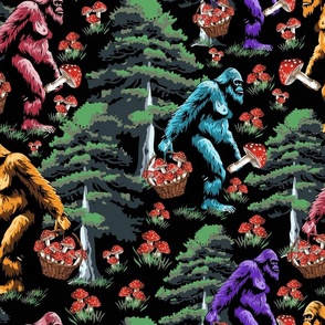 Mythical Monster Collecting Mushroom and Fungi in Dark Pine Tree  Forest, Sasquatch Big Foot Mythical Cryptid, Yeti Monster, Playful Yeti Outdoor Escapades, Bigfoot Wilderness Journeys, Sasquatch Nature Quests, Yeti Trailblazers, Outdoor Bigfoot Quests