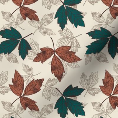 Medium Paperbark Maple Leaf Prints in Night Swim Molasses and Amoro on Panna Cotta