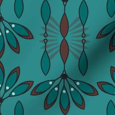 Art Deco Peacock Flowers Medium Scale in Autumn Brown and Teal Green