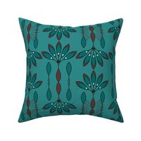 Art Deco Peacock Flowers Medium Scale in Autumn Brown and Teal Green