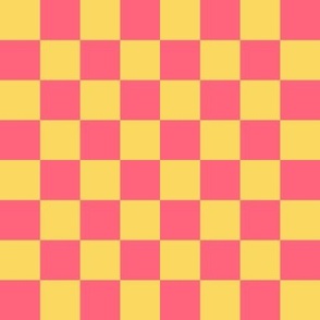 Checkerboard // medium print // Mod 80s Retro Contrasting Geometric Checks - Coral Pink on Lemon Yellow