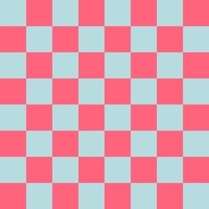Checkerboard // medium print // Mod 80s Retro Contrasting Geometric Checks - Coral Pink on Light Blue