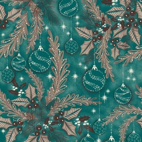 vintage teal christmas night Mistletoe and Holly Christmas twigs, berries and christmas ornaments