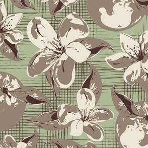 Sophisticated Taupe Floral Illustration, Orange Blossom Flowers in Neutral Shades of Brown on Sage green, Scattered Garden Bloom Drawing