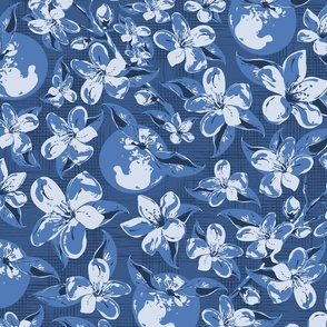 Monochromatic Blue Summer Fruit Classic Floral, Summer Orange Blossom Monotone Pattern on Dark Blue Background