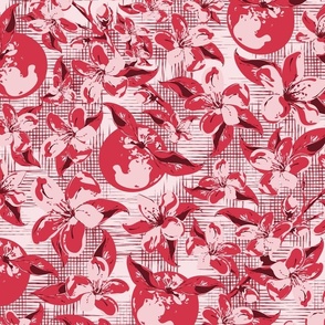 Bright Summer Citrus Fruit Kitchen Illustration, Raspberry Red One Color Monochrome Orange Blossom Pattern, Scattered Fruits and Flowers