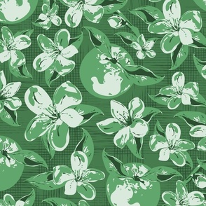 Green Monochrome Flowers Orange Blossom Tree on Dark Green Trellis Background, Large Stylized Floral with Scattered Oranges and Foliage