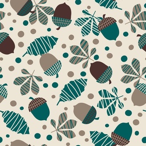 Large // Acorns Galore - fall inspired design with leaves and acorns in Night Swim and Molasses Colors, brown, green, teal green, taupe.