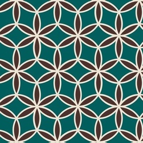 Small scale sacred geometry flower of life in dark brown and tan on a emerald green ground.