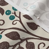 Large Vines with Berries Block Print in Chocolate and Teal on Antique White base