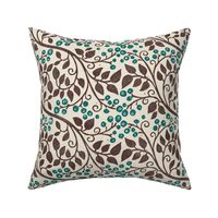 Large Vines with Berries Block Print in Chocolate and Teal on Antique White base