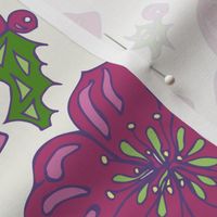 Christmas Rose with holly leaves | Magenta Pink on White | Hand drawn floral