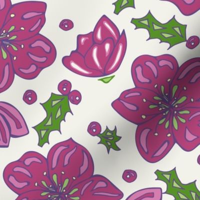 Christmas Rose with holly leaves | Magenta Pink on White | Hand drawn floral