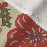 Christmas Rose with holly leaves | Vintage Red on beige | Hand drawn floral | med scale