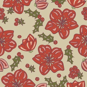 Christmas Rose with holly leaves | Vintage Red on beige | Hand drawn floral | med scale