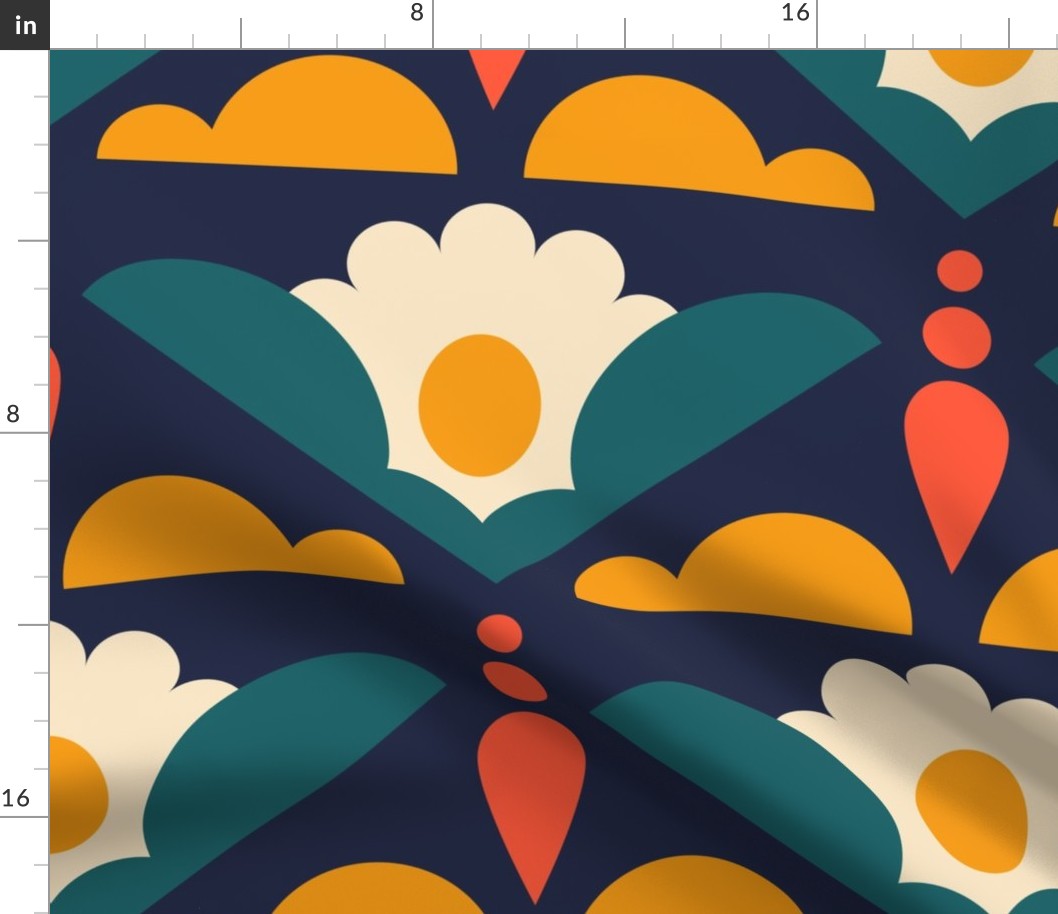 2849 A Extra large - geometric retro daisies in clouds