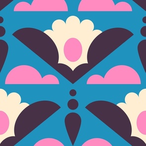 2849 D Extra large - geometric retro daisies in clouds