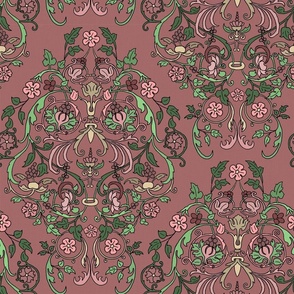 Art Nouveau  Garden Damask in pink and green, large scale